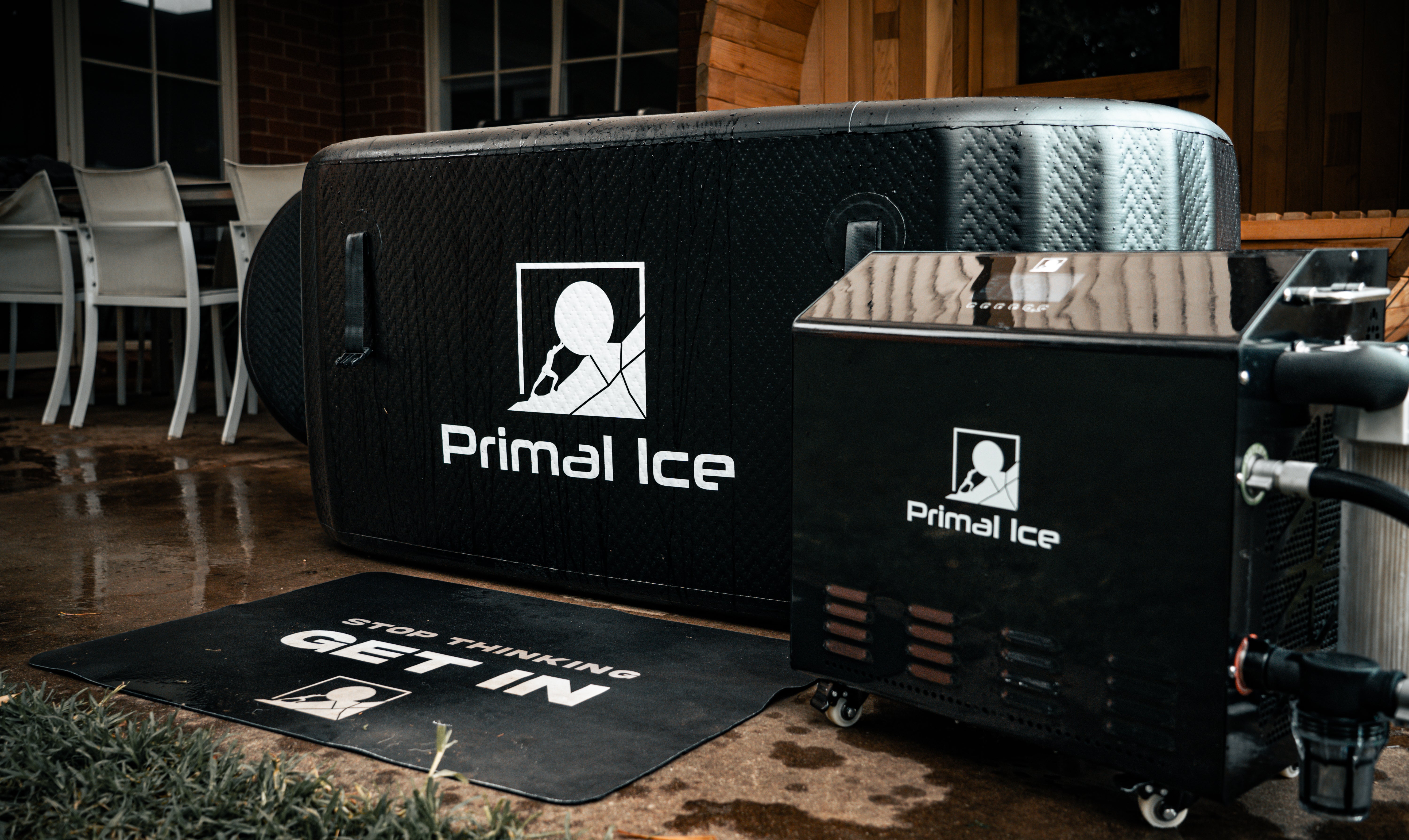 close up shot of the primal ice bath tub, commercial chiller and water absorbent mat