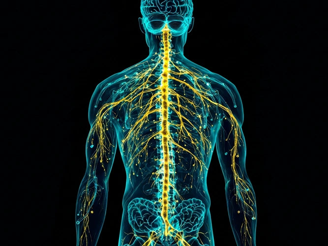 Medical illustration of human nervous system highlighting vagus nerve pathway